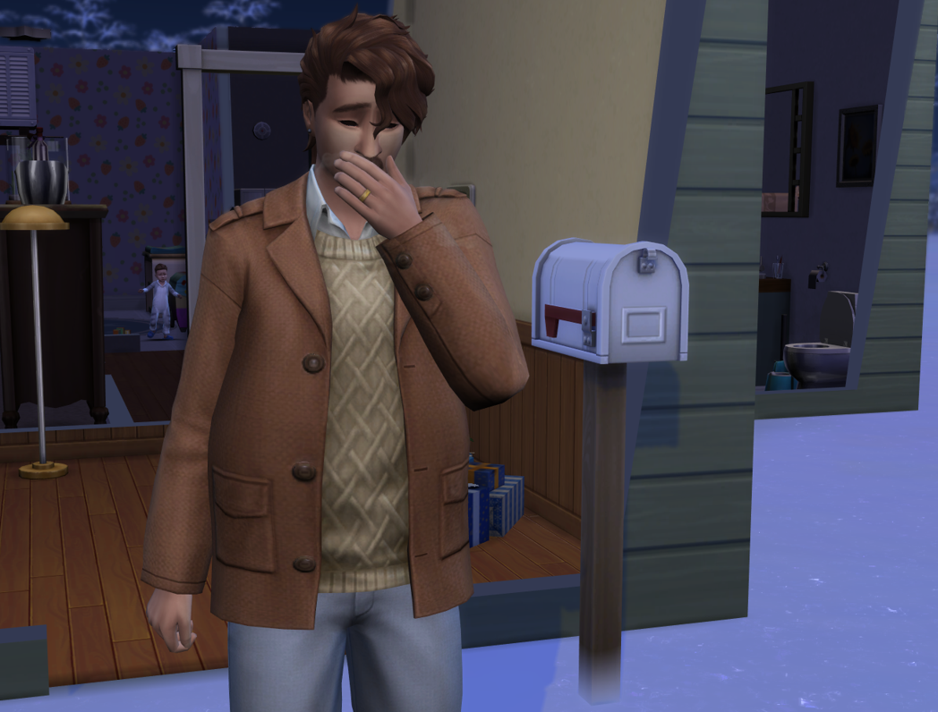 A Sims 4 screenshot, Miguel Basilio with his hand over his mouth. He looks shocked and dazed as he stands outside of his house