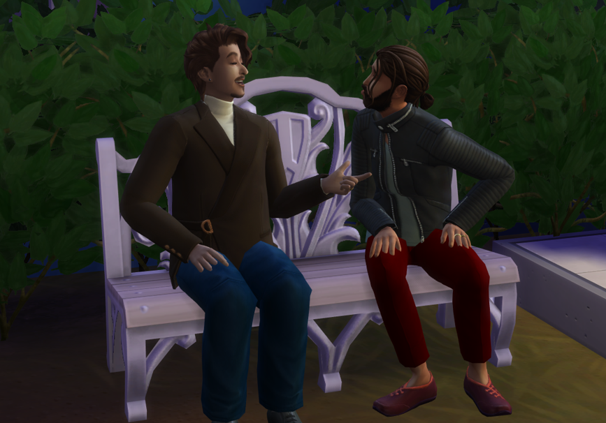 A Sims 4 screenshot, Miguel and Salim sitting on a park bench together laughing and gazing at each other fondly.