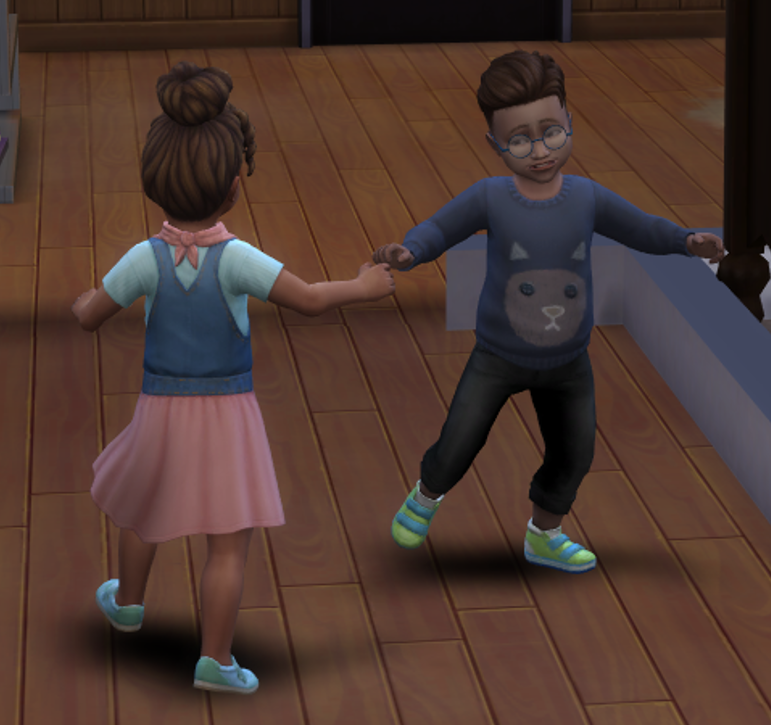 A Sims 4 screenshot, a toddler aged Etan and Elmira Basilio strutting around the hallway happily.