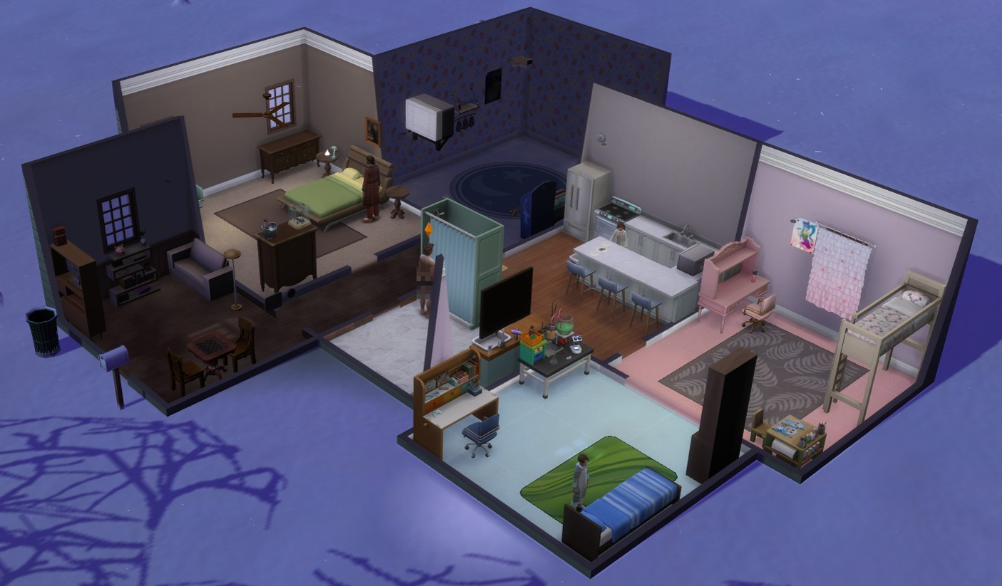 A Sims 4 screenshot, Etan and Elmira as children smiling at each other.