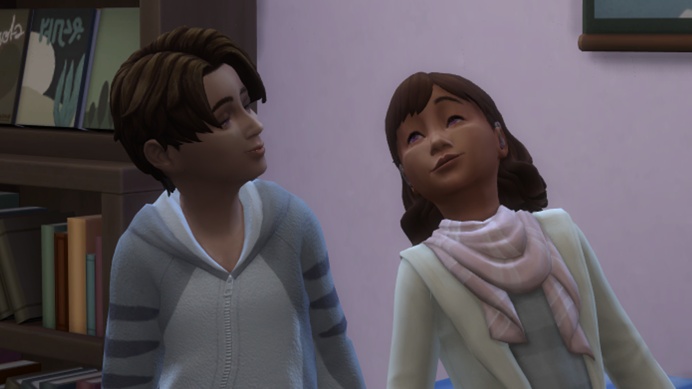 A Sims 4 screenshot, Etan and Elmira as children smiling at each other.