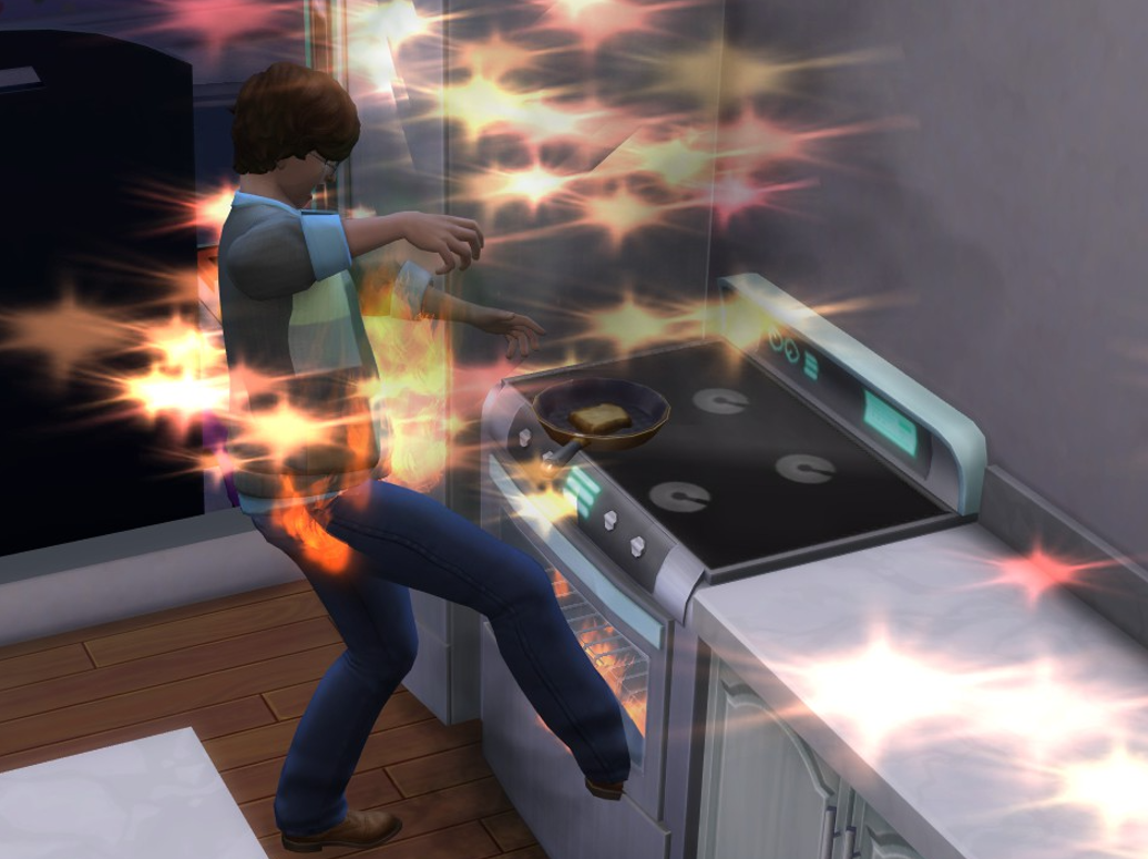 A Sims 4 screenshot, Etan setting himself and the stove on fire as he jumps back in horror.