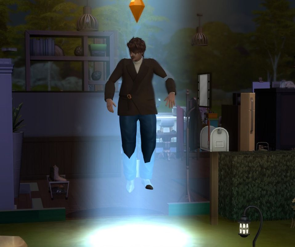 A Sims 4 screenshot, Miguel Basilio getting abducted by aliens
