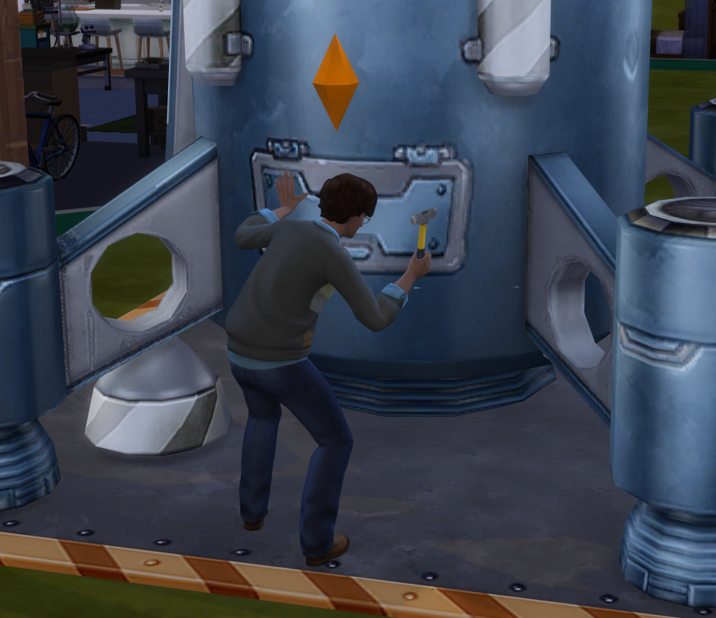 A Sims 4 screenshot, Etan Basilio building a rocketship in the backyard.
