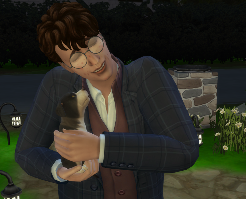A Sims 4 screenshot, Etan holding the tiniest little Saint Bernard puppy (Bailey).