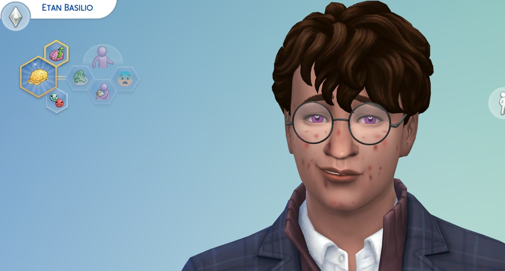 A Sims 4 screenshot, A young adult Etan in the Create A Sim menu. He has short, curly brown hair, a medium pale skin, and bright purple eyes.