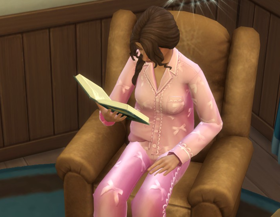 A Sims 4 screenshot, Elmira sat with a book reading attentively.
