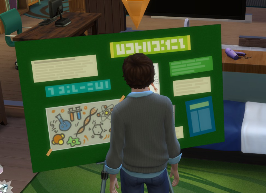 A Sims 4 screenshot, Etan with his back to the camera working on some sort of sciency looking presentation for college.