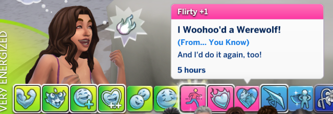A Sims 4 screenshot, Elmira's sim panel with a highlighted moodlet that says 'Flirty +1, I Woohoo'd a Werewolf! (From... You Know). And I'd do it again, too!'